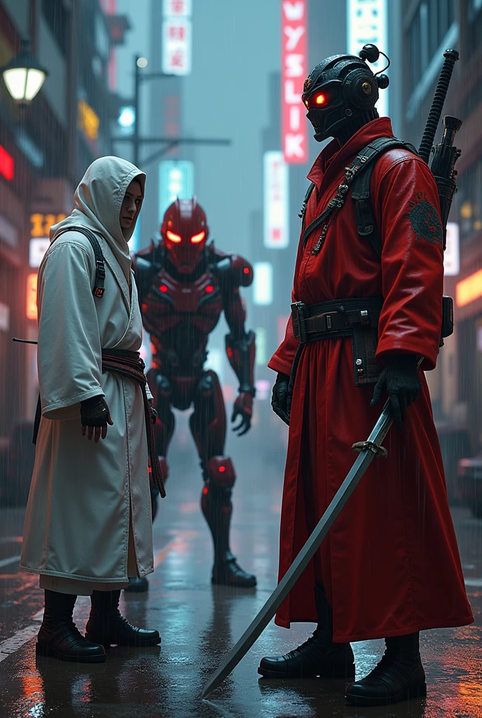 ninja shinobi cyberpunk robot cyborg .big thighs.Wallking street
two samurais walking down a street at night, yasuke.Ninja wearing conical hat.Whiter suit ,red suit, shinobi Cyborg. Red eyes, devil mask, rain. Dark night. Equipped with Sword on back. Katana on back. Robot. gears. screws. lights. wires on back. Arresting monsters in alleys.real. tokyo. UE5 CGI