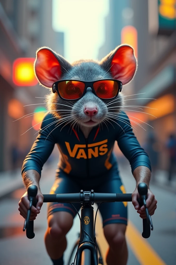 Moustached rat with street racing glasses , with vans cycling clothing 