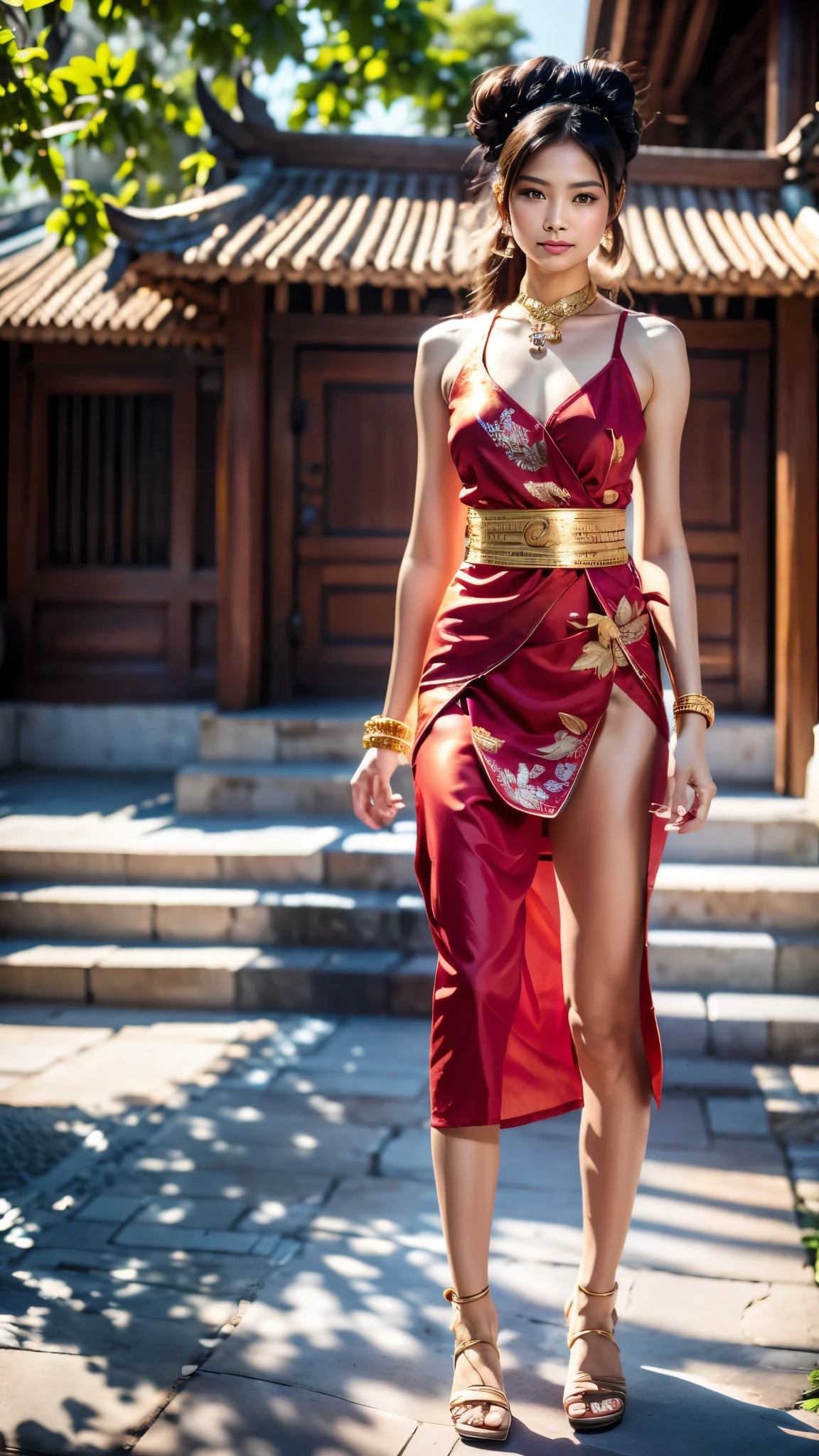 make a super realistic photo. 1 Javanese Indonesian woman, round face, beautiful, elegant, sensual. Long straight hair, tied into a small bun on top of her head, wearing a sensual red silk tank top, medium breasts, wearing a gold necklace, like a Javanese royal queen from Indonesia. White batik cloth belt with complicated motifs, wearing a white batik sarong, very complicated black motifs, wearing black rubber sandals. Full body standing, dynamic pose, meditating, the body floats, the body emits an aura of 3 colors, blue, gold, blue. In the background is a famous Indonesian temple. Beautiful and green. The bodily aura radiates everywhere. Ultra-HD. HD. hyperrealistic. 65 thousand