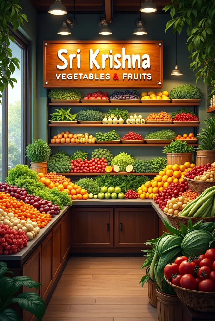 Create image of vegetables and fruits then add name on the top,sri Krishna vegetables & fruits
Create realistic image of shop