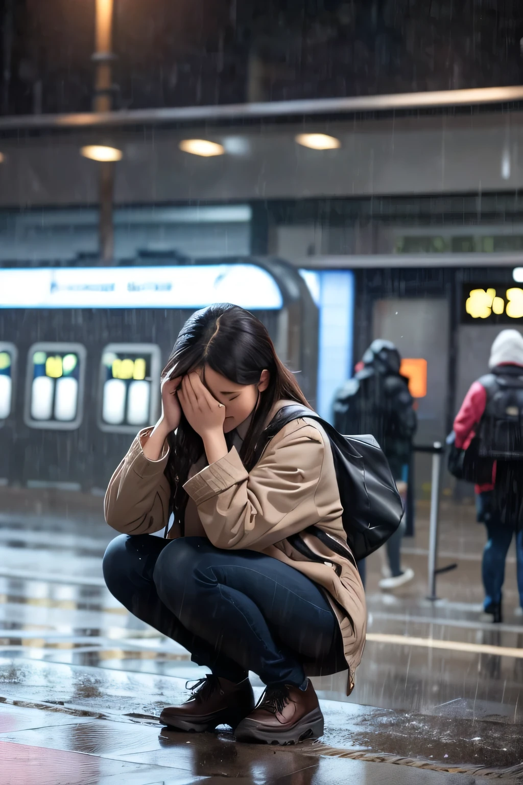 A woman crouching in front of a station in the heavy rain,Returning someone's lost wallet、