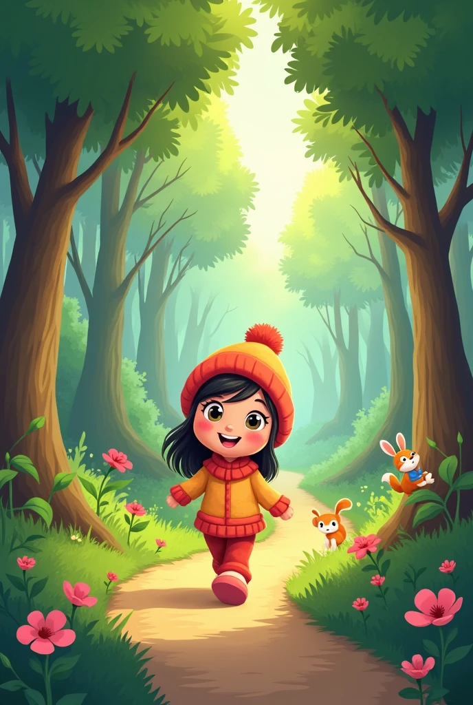 Create an image of a girl returning home in the middle of the forest in cartoon format
