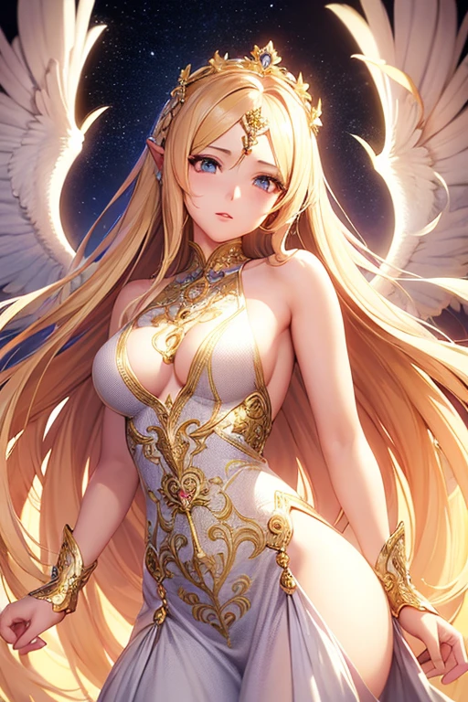 cute anime girl, angel wings, detailed beautiful face, beautiful detailed eyes, beautiful detailed lips, extremely detailed intricate facial features, flowing long elegant hair, ornate golden crown, elegant flowing white dress, glowing halo, floating in magical ethereal environment, dramatic lighting, dramatic colors, fantasy, digital art, highly detailed, cinematic, photorealistic