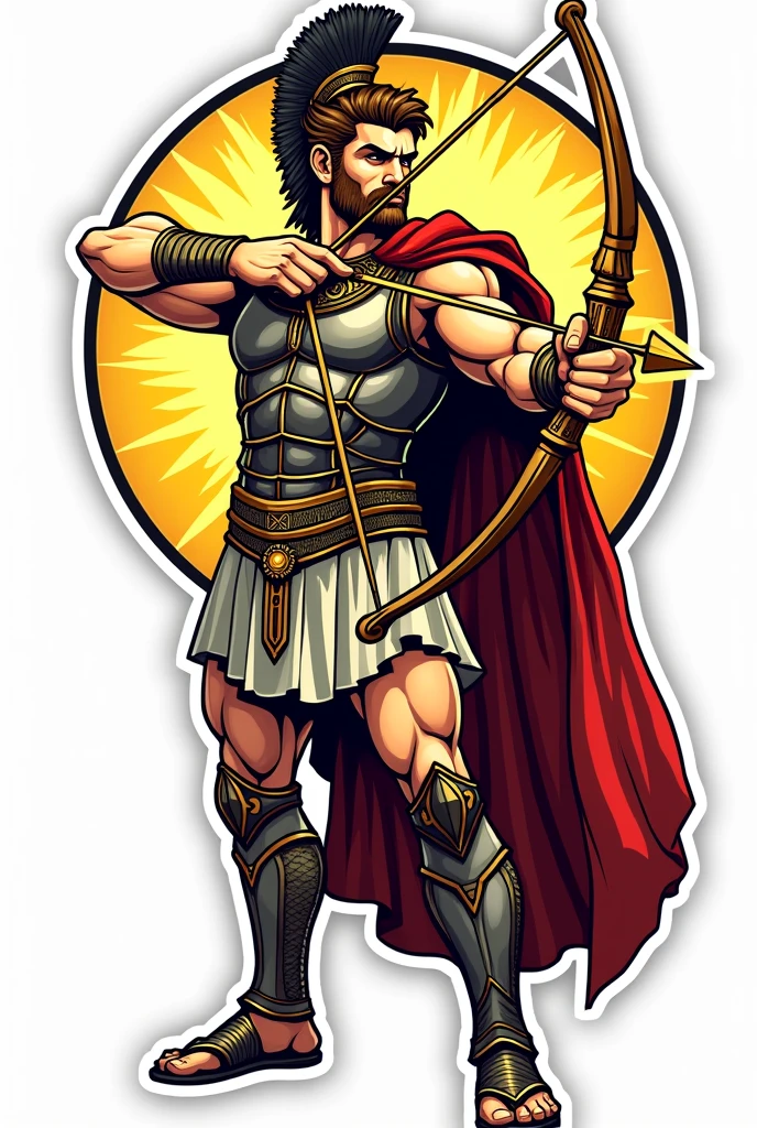 God Apollo wearing an armour and firing a bow and arrow. Make his face a little fierce and facing in front. Make it sticker-like with bold outline. It should be accurate as a logo. Don't put a background. He should be facing in front and make it brighter with touch of yellow. He should ba handsome also. Make it half body. Don't make cuts of other parts. It should be a full image. Make him look more god-like. Make it simple and comic style.