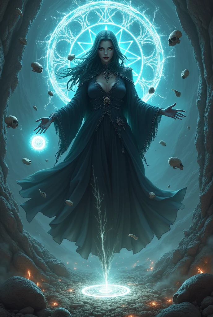 a dark runic female zombie lich, black gold female zombie, magical void energy, glowing eyes, death lightning, death energy ball floating on it's hand, casting a spell, energy cracking, bone hand, dressed in a luxury cloak, astral skulls floating around, earth and rock floating with energy as the lich hold, Detailed glowing runic line floating around, bones and skulls lays on the ground, dark purple energy, floating in the air, energy chain, magic circle on the ground,,Detailed,Realistic,4k highly detailed digital art,octane render, bioluminescent, 8K resolution concept art, realism,by Mappa studios,masterpiece,best quality,official art,illustration,ligne claire,(cool_color),perfect composition,absurdres, fantasy,focused,rule of third. ((( big hips, breast)))