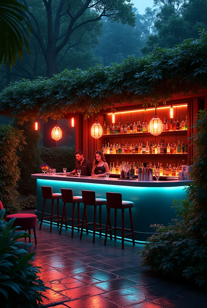 A cocktails bars that in middle of garden having slight neon light and decoration light middle of the night close to the drink