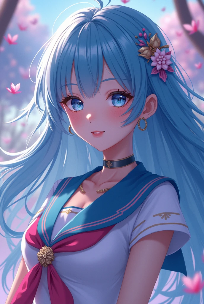 anime ,A beautiful girl with long blue hair in a sailor uniform, detailed face with large expressive eyes, detailed lips, long eyelashes, sailor moon, magical girl, fantasy, soft lighting, vibrant colors, cinematic composition, digital art, highly detailed, masterpiece, (best quality,4k,8k,highres,masterpiece:1.2),ultra-detailed,(realistic,photorealistic,photo-realistic:1.37)