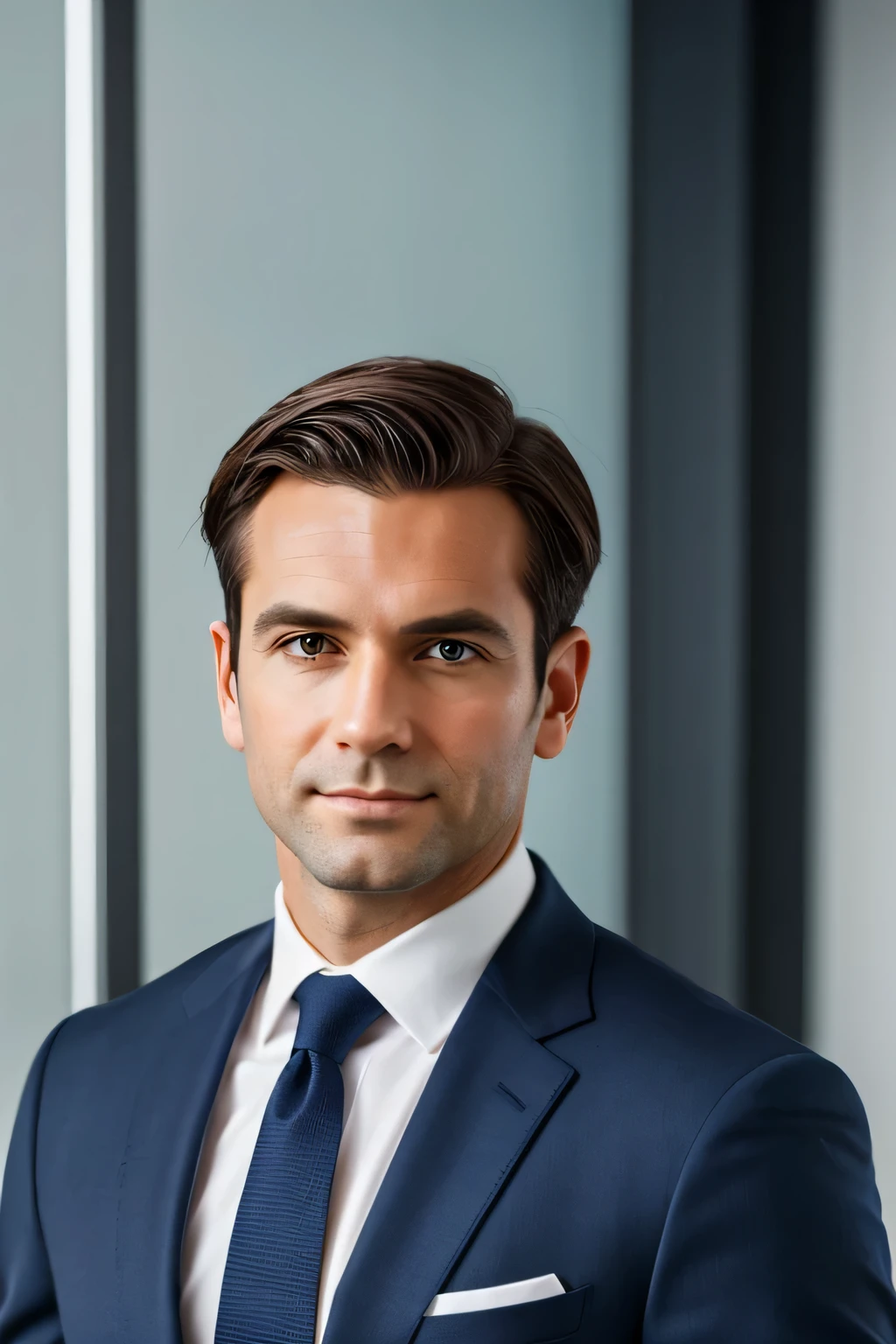 A professional executive portrait of a man in his 30s, dressed in a well-fitted navy blue suit with a white shirt and a subtle tie. He has a confident and approachable expression, with short, neatly styled hair and a well-groomed appearance. The background is a modern office setting with soft lighting, giving a polished and professional look suitable for a LinkedIn profile