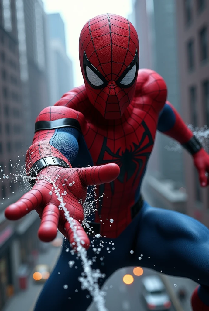 Generate an image of spiderman who shoots his web from his hand into the our screen like realistic movie 
