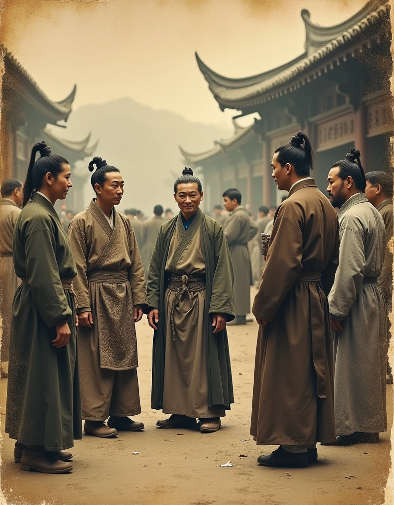 Archive photographique usée abîmé. Scène de vie 1920. Valeur historique. Villageois Chinois en train de discuter en tenue Mandchou portant une longue natte aux cheveux. Aristocrate mandchoue. Couleurs de l'époque. Année 1920. Photo pellicule.