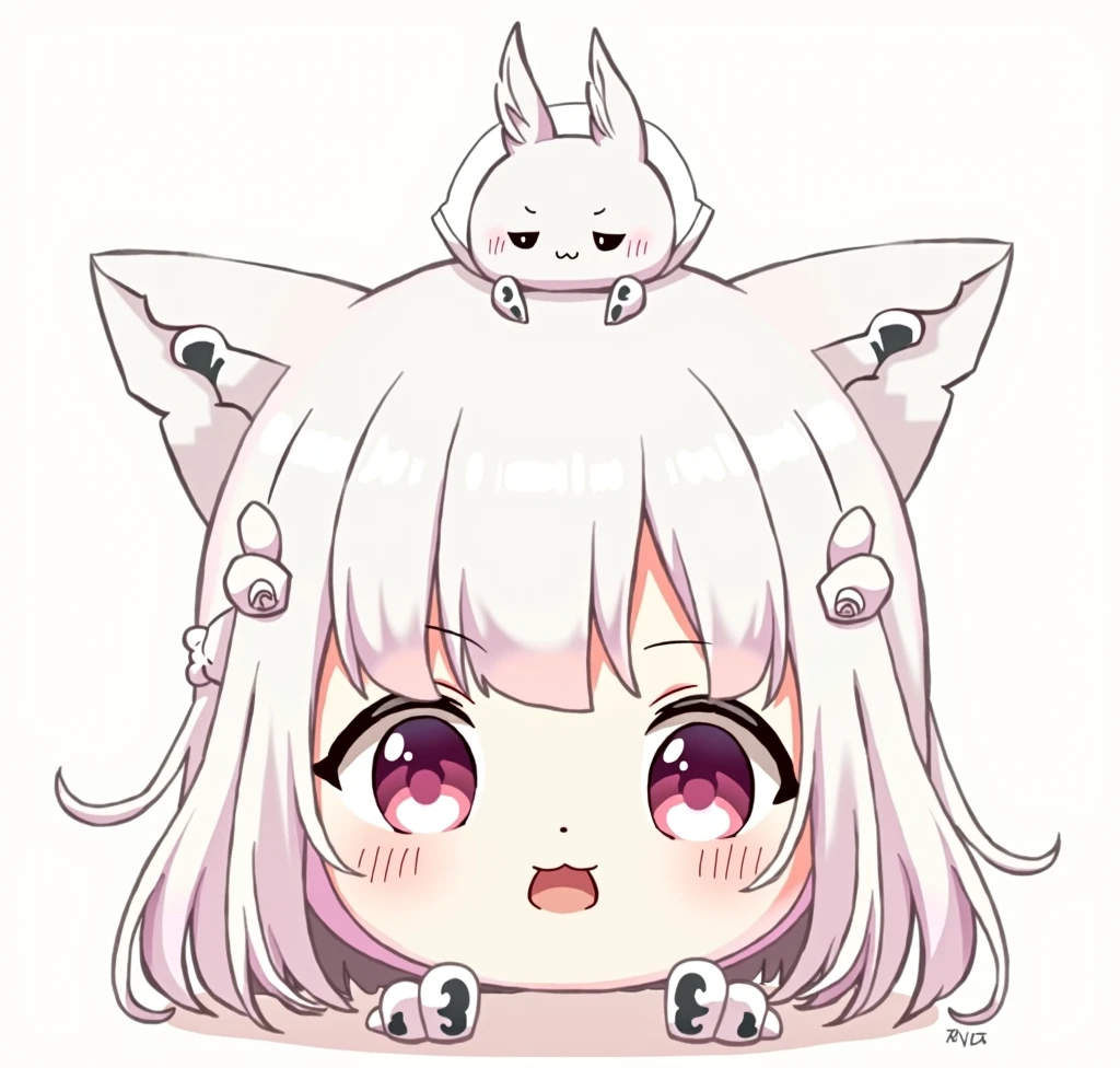 cute white cat ghost , has a grayish black pattern on the tip of the hand, legs and tail, hair in small braids to the back on the right and left sides circling the head 