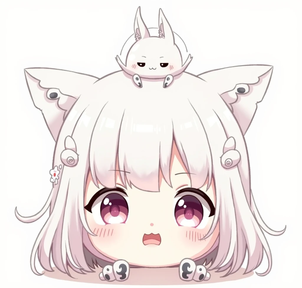 cute white cat ghost little kid, has a grayish black pattern on the tip of the hand, legs and tail, hair in small braids to the back on the right and left sides circling the head 