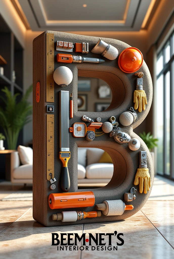 A huge letter B tilted made out of "house building materials like brush,ruller,Pencil, Roller, safty golves,Googl eye glass",background inside view of well designed house with" ceiling ,lights ,designed walls,tables, sofas and table, write boldly "Beemnet's interior Design" at the bottom