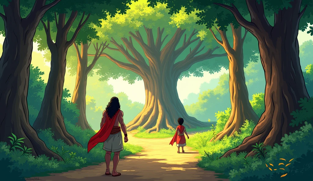 Sage Bhaskar guiding Arav to the tree: Comic style. Arav, still the adult warrior, follows Sage Bhaskar through a forest path lined with dense foliage and vibrant greenery. The path is surrounded by tall trees with thick trunks, and the air is filled with the sounds of chirping birds. Arav’s face shows curiosity and hope, and his red scarf flutters slightly in the gentle breeze. The sage leads him to the large, ancient tree, which stands majestically in a sunlit clearing, providing a sense of wisdom and tranquility.show sega Bhaskar also