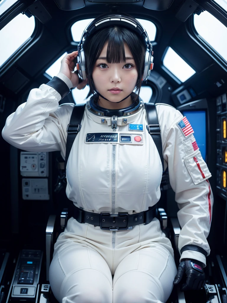 masterpiece, Highest quality, Very detailed, Japanese Android girl, Beautiful 2 Japanese woman, Plump,Slightly thicker,Control panel,Android,cyborg,Blunt bangs,Sitting in the cockpit of a spaceship and piloting it,astronaut,Thick harness belt,Full-face helmet