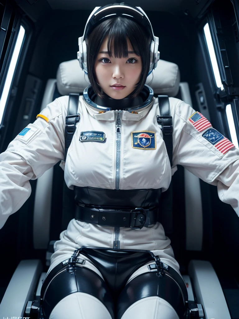 masterpiece, Highest quality, Very detailed, Japanese Android girl, Beautiful 2 Japanese woman, Plump,Slightly thicker,Control panel,Android,cyborg,Blunt bangs,Sitting in the cockpit of a spaceship and piloting it,astronaut,Thick harness belt,Full-face helmet