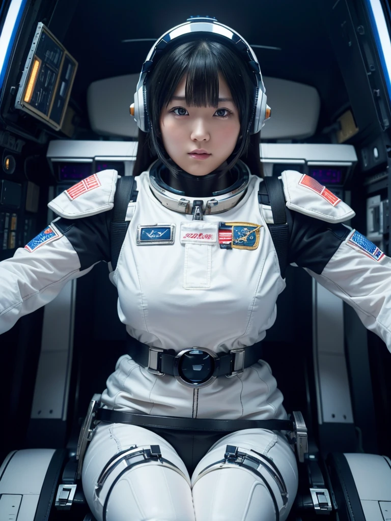 masterpiece, Highest quality, Very detailed, Japanese Android girl, Beautiful 2 Japanese woman, Plump,Slightly thicker,Control panel,Android,cyborg,Blunt bangs,Sitting in the cockpit of a spaceship and piloting it,astronaut,Thick harness belt,Full-face helmet