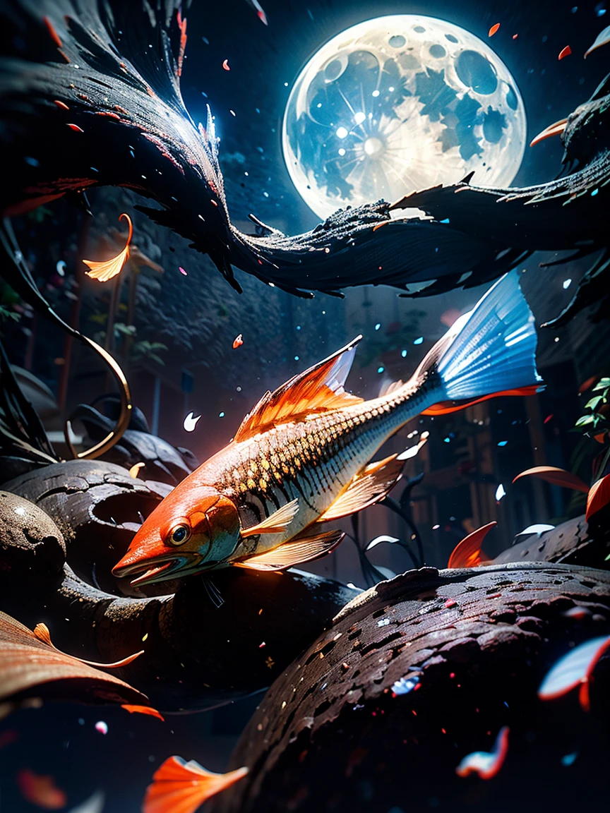 moonlight，Fallen Leaves，Mechanical，fish，universe