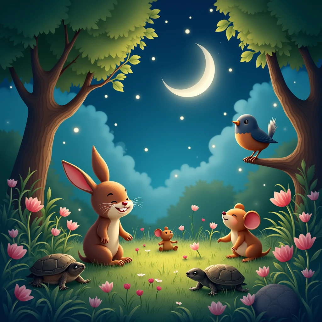 in the garden, bunny and mouse cheered, bird on the tree, frog and turtle sleeping, a clear crescent shape moon in the night sky,
