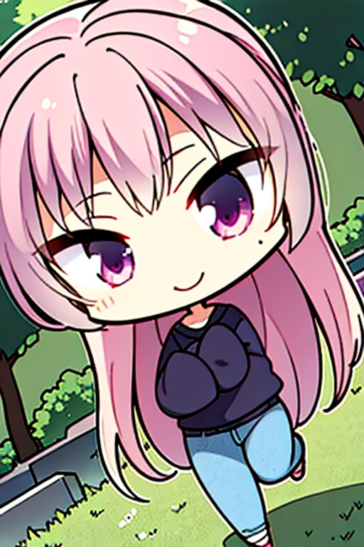 Perfect face. Perfect hands. A pink haired with violet eyes in a sweatshirt and jeans is running through a cemetery with a big smile