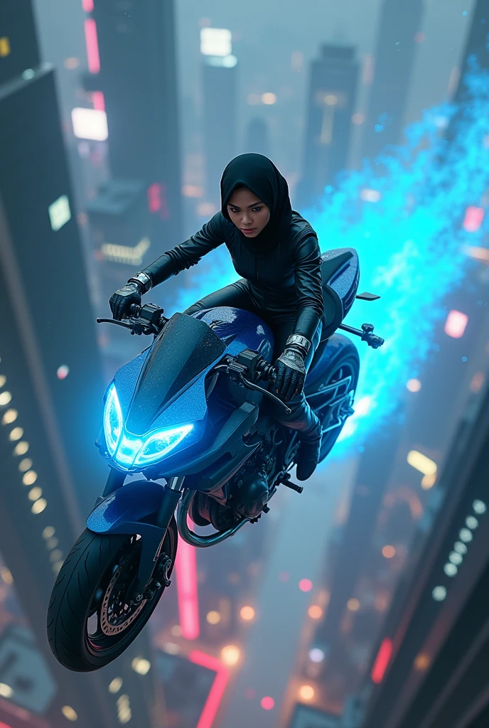 Dikirim oleh anda:

high speed movement, top angle, photo realistic, full body, UHD, a indonesian beauty girl, Ingénue, hijab, leather suit with power gauntlet. ridding a sci-fi blue light motorcycle floating in the sky above the cyberpunk city. create a shock wave tail behind.