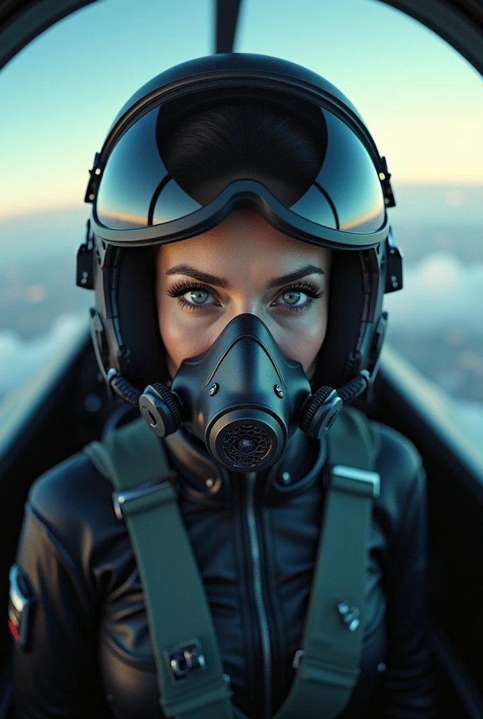 Angelina Jolie wearing a fighter pilot suit, wearing a pilot helmet and oxygen mask, flying a mig29, cockpit view,