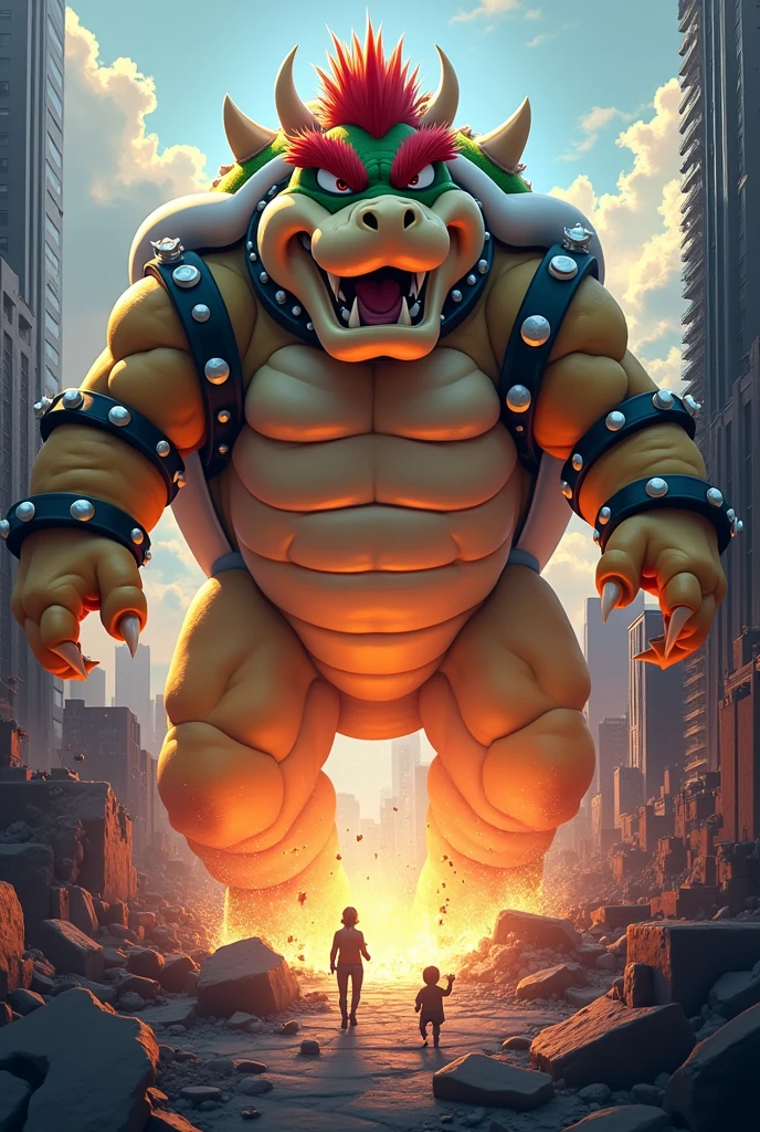 bowser getting bigger and bigger, destroying a city,with his cock, with love, Digital art