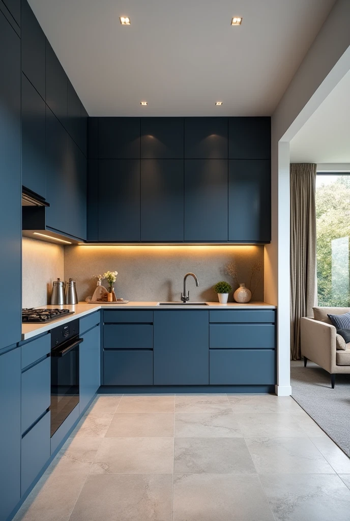 Make a blue L-shaped kitchen , with a light gray floor and a feature wall in the color you think matches and a beige sofa in an open concept living room