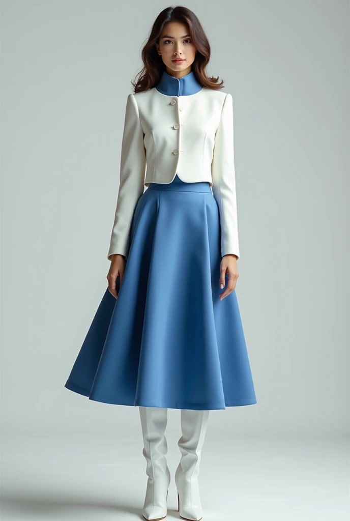 Create a closed white formal short women&#39;s jacket with a blue high collar, Add a short flared blue skirt separate from the jacket and some white knee-high boots

