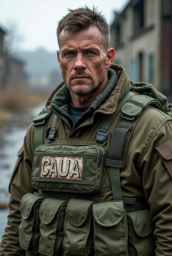 Man in army vest with name on vest Caua