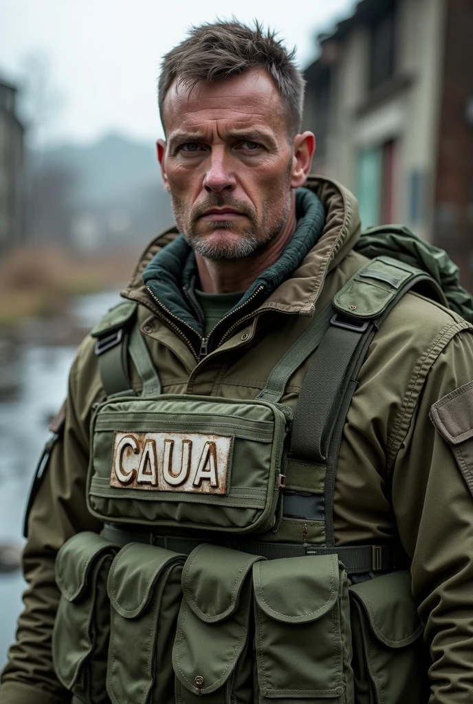 Man in army vest with name on vest Caua