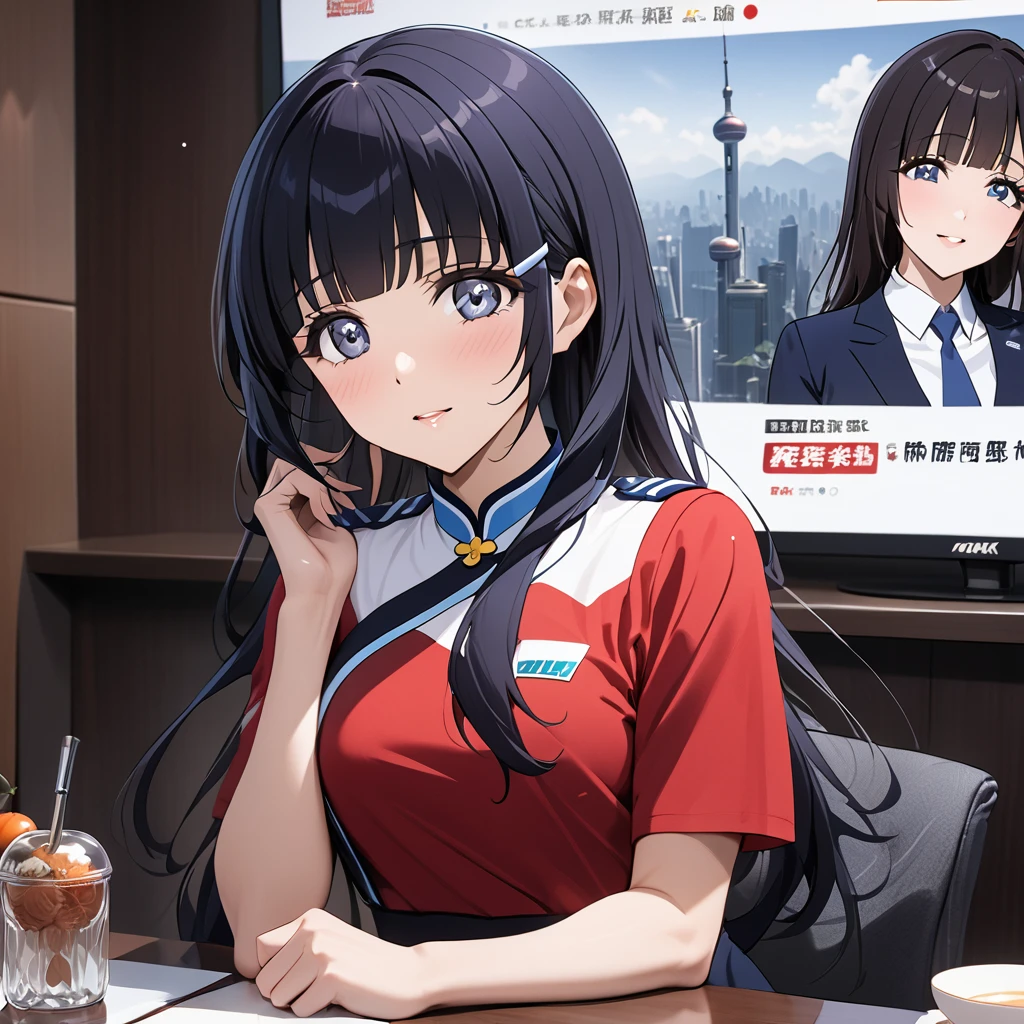 ((Highest quality)), ((masterpiece)), (detailed), (Perfect Face)、The woman is Reika Aoki with semi-long hair、The woman is a Chinese female announcer.、A woman praises a strong China on a Chinese news program