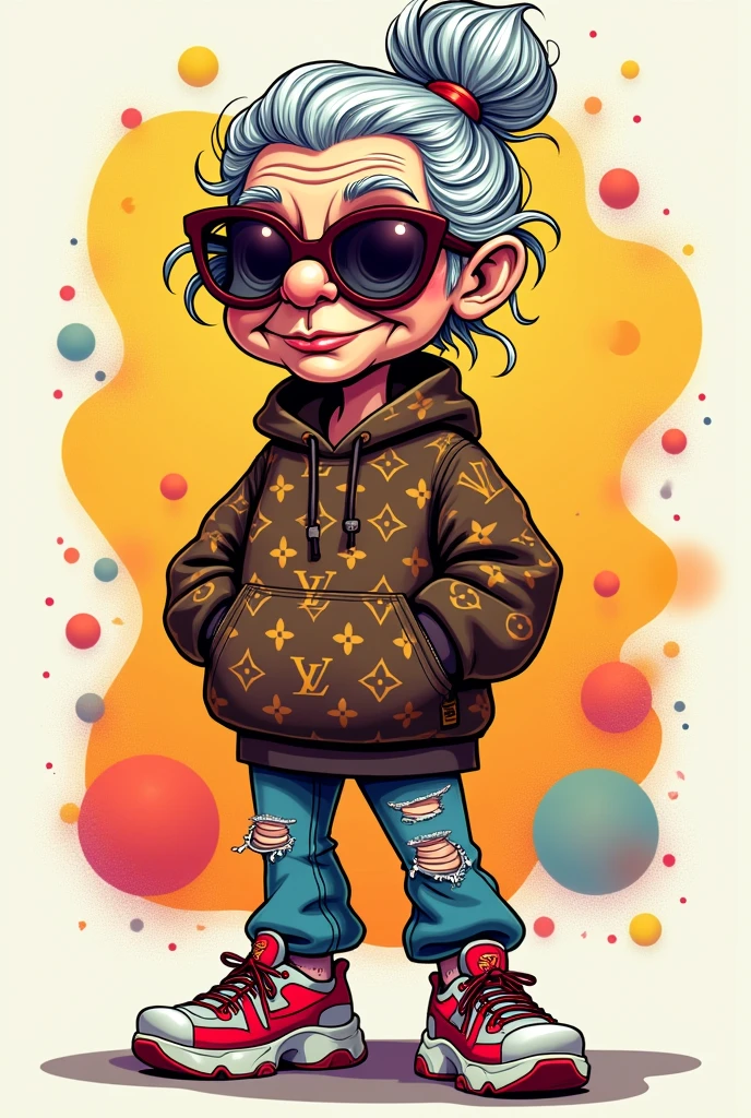 Cartoon logo of an old lady wearing streetwear louis vuitton clothes