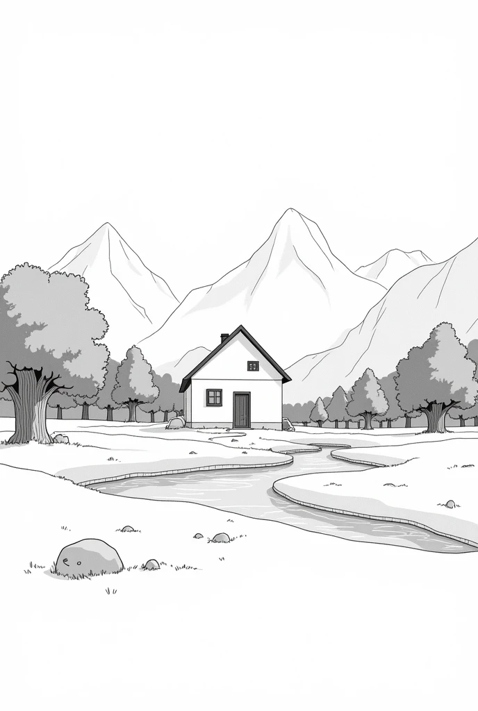 Landscape with a simple country house, trees, a river, mountains in the background, only outline of the drawing, black and white