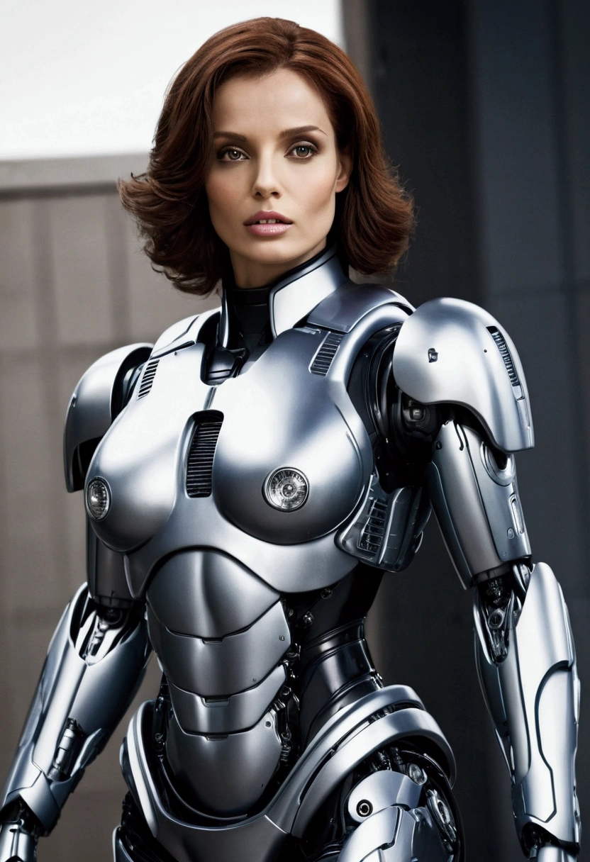 Female Robocop, beautiful woman, sexy body, big breasts, weak-looking Robocop