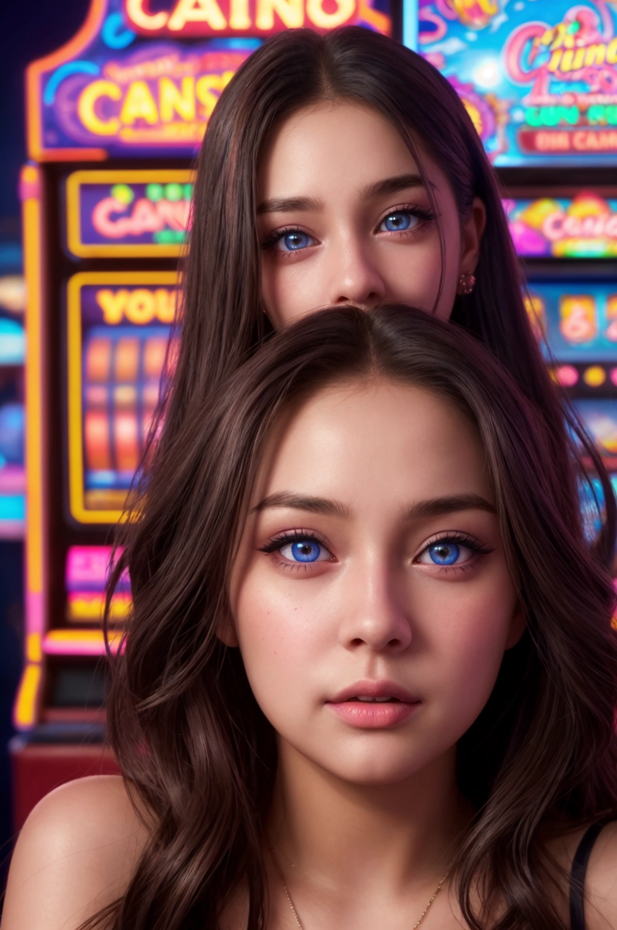 cute girl playing slot machines, 1girl, beautiful detailed eyes, beautiful detailed lips, extremely detailed face and hair, cute and adorable expression, casino interior, slot machines, neon lights, cinematic lighting, fantasy, vibrant colors, highly detailed, 8k, photorealistic, masterpiece, cinematic composition, dramatic lighting