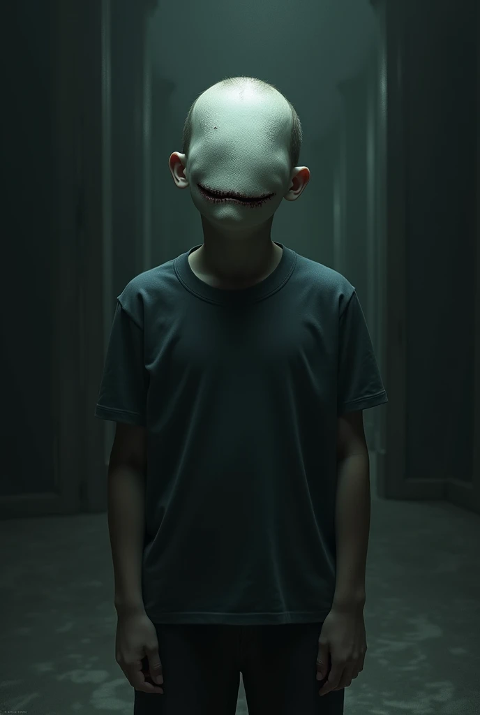 A boy with no eyes, no nose and no ears, standing in the middle of a dark room with a scary smile on his face