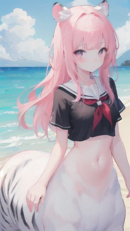 (best quality, masterpiece), 1 girl, centaur, I beg, White skin, Japanese girl,daught pink, exposing the abdomen, belly button t-shirt , beautiful girl perfect, White tiger photo, Perfect beach photo