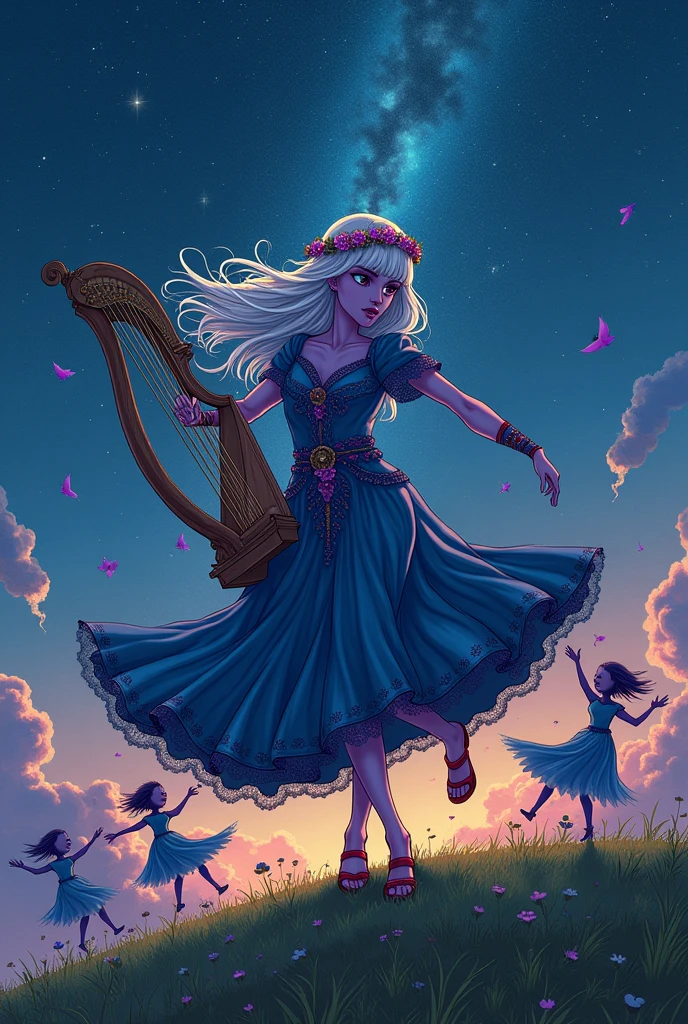 (Ultra-detailed face, looking away, Fantasy Illustration with Gothic, Ukiyo-e, Comic Art, Rich colors, Starry Sky),
BREAK
(A female dark elf bard dances and jumps in daring poses, holding a harp and playing it as she twirls around and around on the hilltop.),
BREAK
(Here, on a grass-covered hill in the middle of the night in early summer, under a starry sky with the Milky Way twinkling, many elves are hopping, dancing, and singing around the bard.),
BREAK
(Elves: A young-aged female dark elf bard has long, messy silver hair, blunt bangs, dark purple skin, and lavender eyes.),
BREAK
(Elves: A dark elf female bard wears a floral crown, a sapphire silk cape dress with lace and embroidery, and red sandals.)