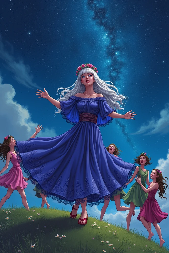 (Ultra-detailed face, looking away, Fantasy Illustration with Gothic, Ukiyo-e, Comic Art, Rich colors, Starry Sky), 
BREAK 
(A female dark elf bard dances and jumps in daring poses, holding a harp and playing it as she twirls around and around on the hilltop.), 
BREAK 
(Here, on a grass-covered hill in the middle of the night in early summer, under a starry sky with the Milky Way twinkling, many elves are hopping, dancing, and singing around the bard.), 
BREAK 
(Elves: A young-aged female dark elf bard has long, messy silver hair, blunt bangs, dark purple skin, and lavender eyes.), 
BREAK 
(Elves: A dark elf female bard wears a floral crown, a sapphire silk cape dress with lace and embroidery, and red sandals.)