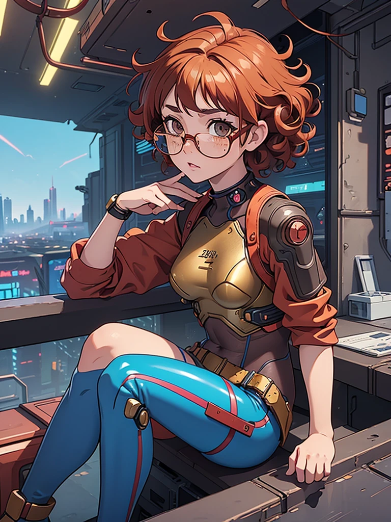 (masterpiece), (best quality), (1 girl),adult, red copper hair,((brown eyes)),curly hair, (short curly hair), anime style, freckles, (small breasts),(petite figure), (blue outfit),(cyberpunk clothes)),legs, desert background, (gold glasses)