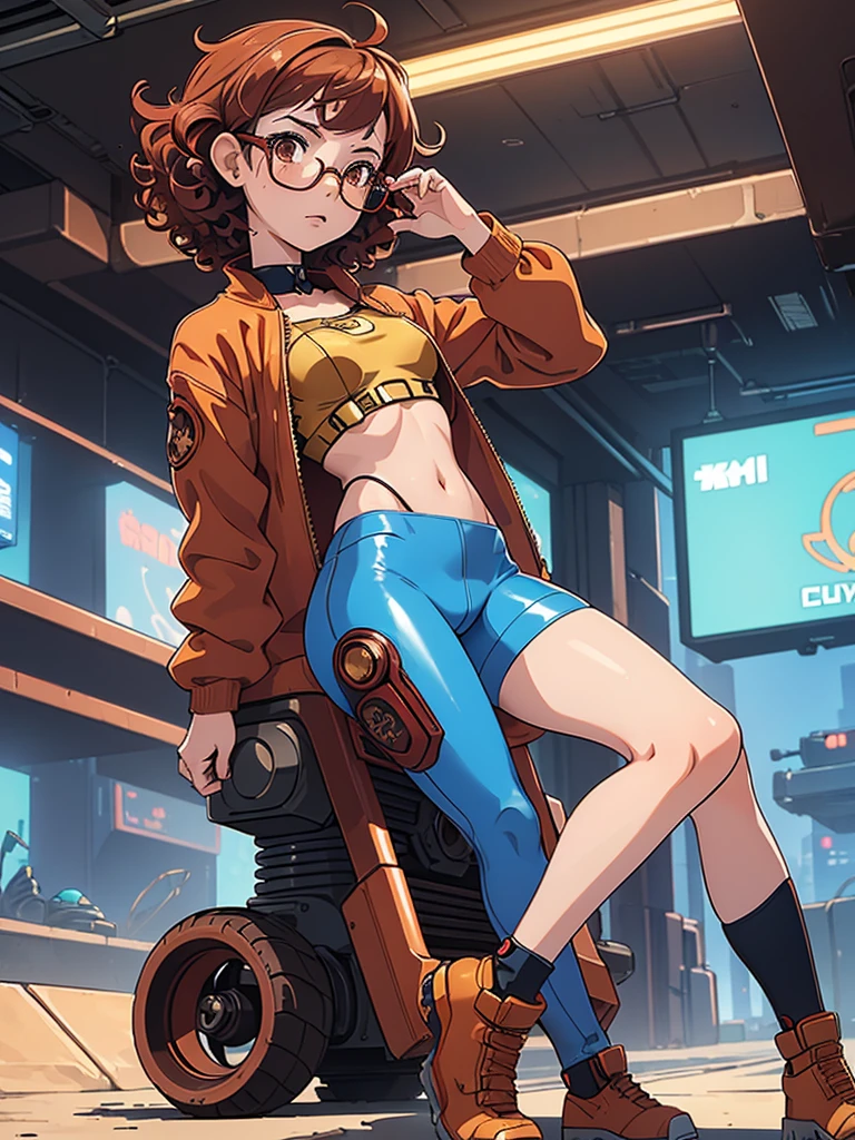 (masterpiece), (best quality), (1 girl),adult, red copper hair,((brown eyes)),curly hair, (short curly hair), anime style, freckles, (small breasts),(petite figure), (blue outfit),(cyberpunk clothes)),legs, desert background, (gold glasses)