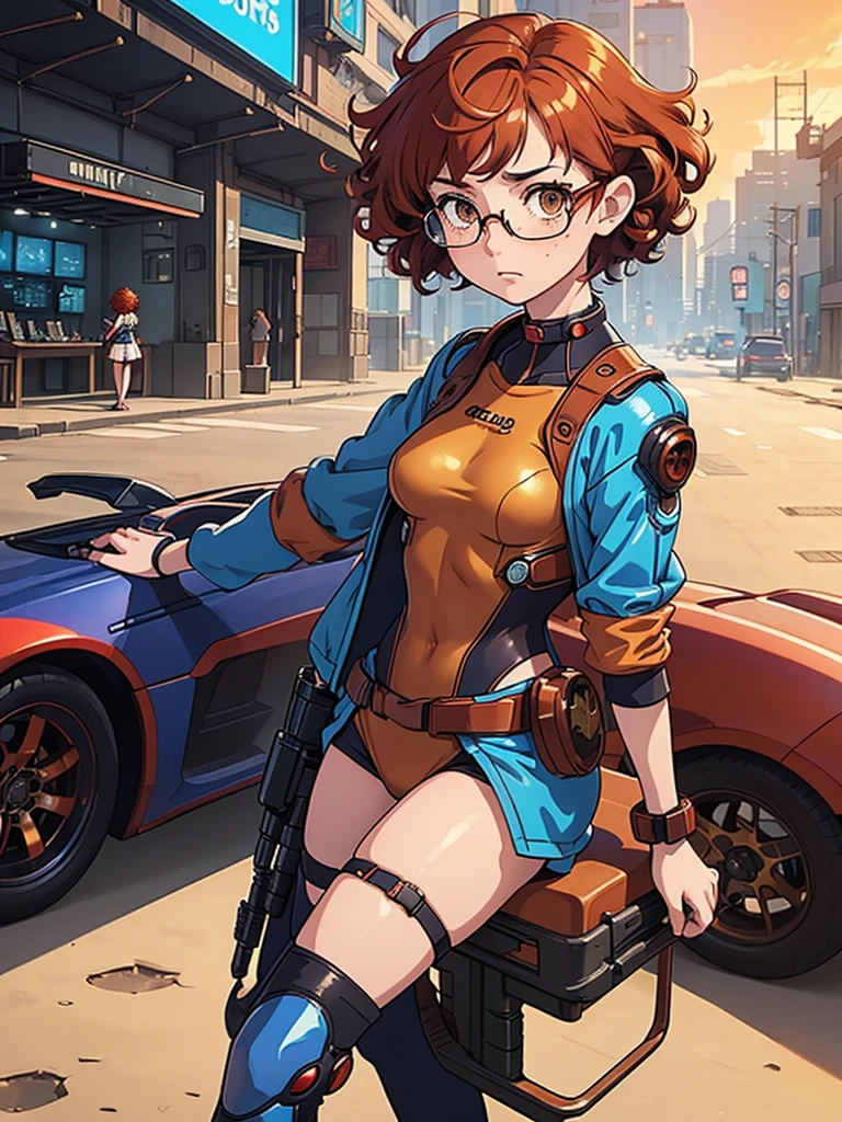 (masterpiece), (best quality), (1 girl),adult, red copper hair,((brown eyes)),curly hair, (short curly hair), anime style, freckles, (small breasts),(petite figure), (blue outfit),(cyberpunk clothes)),legs, desert background, (gold glasses)
