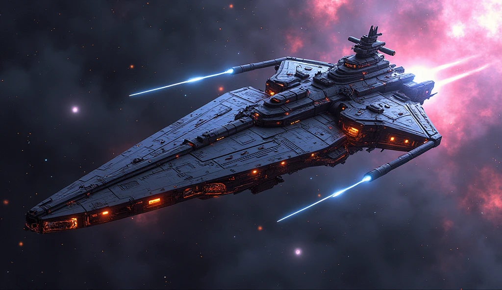 Giant spaceship, huge weapons, lasers, thrusters, emission, vibrant, best quality, dark background, cyberpunk, transistor