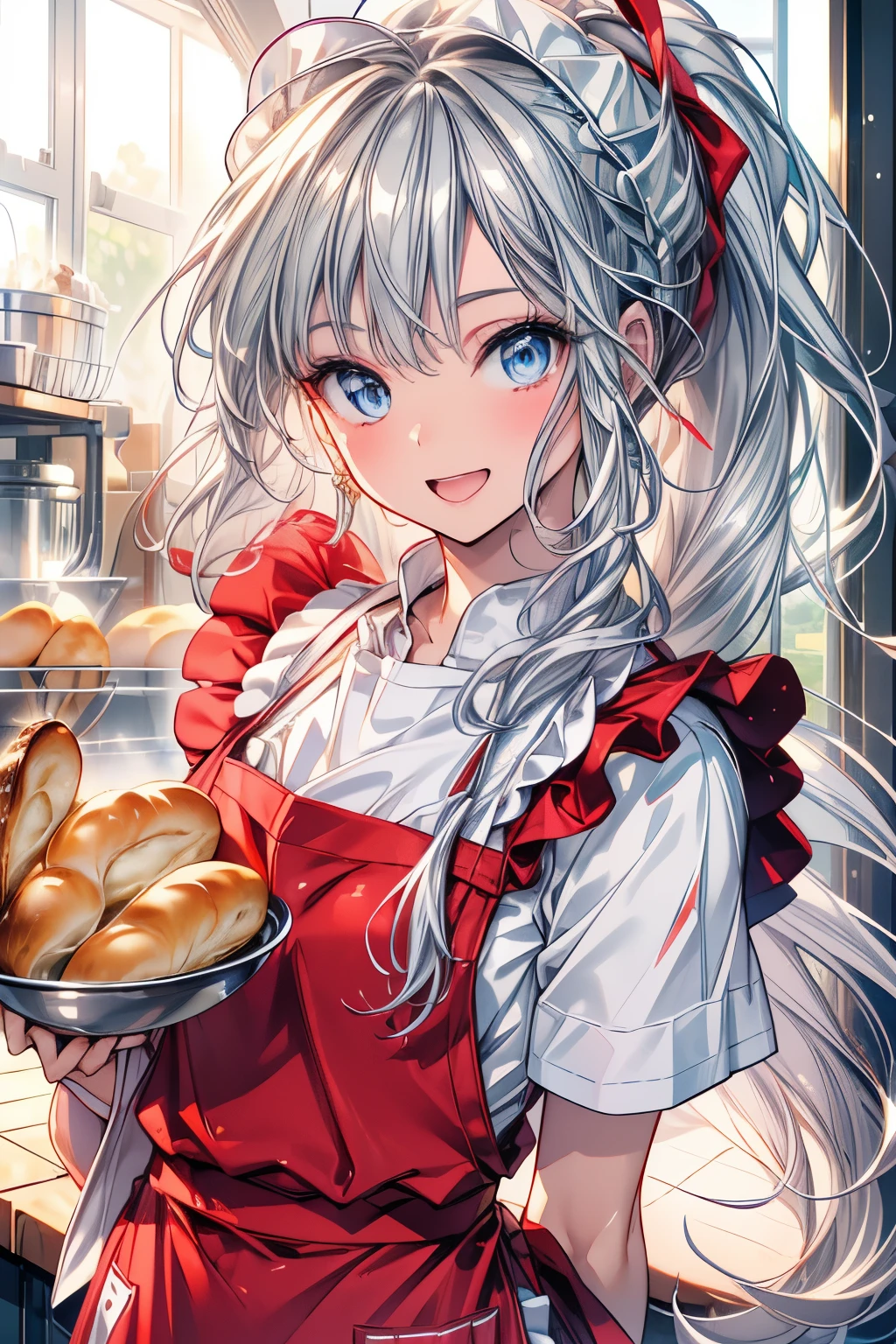 (Best quality,4K,8K,High resolution,Masterpiece:1.2),Super detailed,(Actual, Realistic),highly detailed, top quality, soft skin,Portrait,
break,
((clear blue eyes:1.2)),smiling eyes,beautiful eyelashes,beautiful lower eyelashes,
break,
((Beautiful and shiny silver hair:1.3)),A dazzling smile, a bursting smile, an open mouth laugh,ponytail,medium chest,
break,
very happily,
break,
((bread making craftsman costume:1.3)),
break,
((red newsboy:1.3)),
break,
((white cook shirt:1.3)),
break,
((red apron:1.3)),
break,
((bust shot)),zoom in