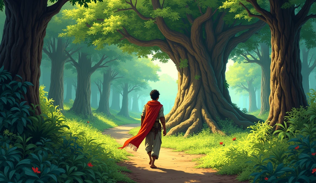 ((best quality)), ((masterpiece)), (detailed), perfect faceSage Bhaskar guiding Arav to the tree: Comic style. Arav, still the young adult warrior, follows Sage Bhaskar through a forest path lined with dense foliage and vibrant greenery. The path is surrounded by tall trees with thick trunks, and the air is filled with the sounds of chirping birds. Arav’s face shows curiosity and hope, and his red scarf flutters slightly in the gentle breeze. The sage leads him to the large, ancient tree, which stands majestically in a sunlit clearing, providing a sense of wisdom and tranquility.