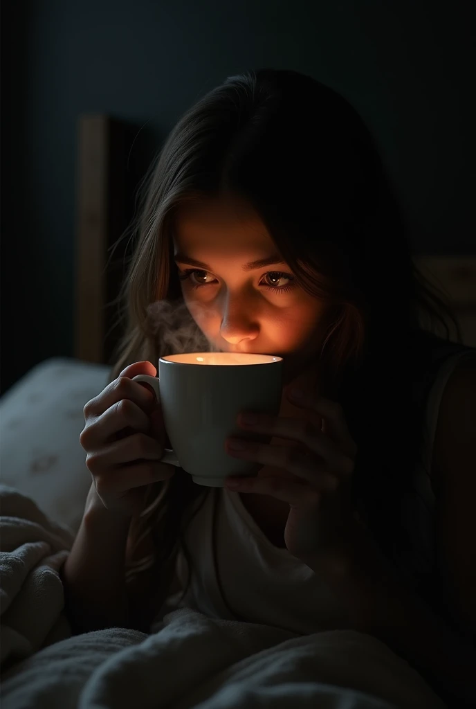 Girl drinking coffee passionately in black bedroom