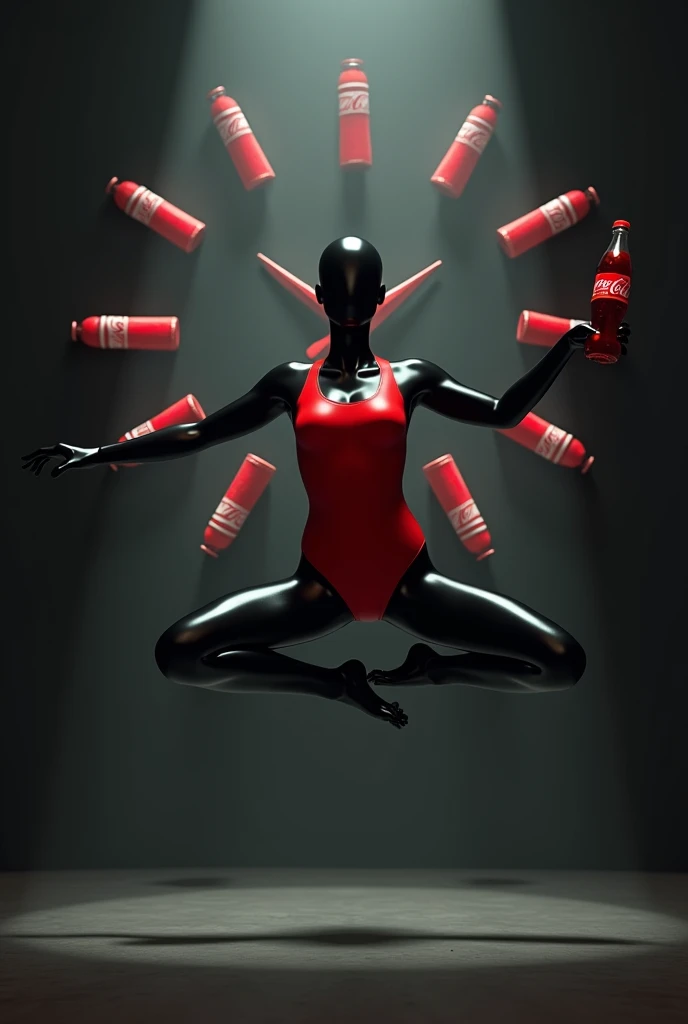 shop window with a black mannequin in a red swimsuit holding a coca cola in a floating yoga position, in the middle of a clock whose hands are coca cola bottles, on a dark background and highlighted in the middle