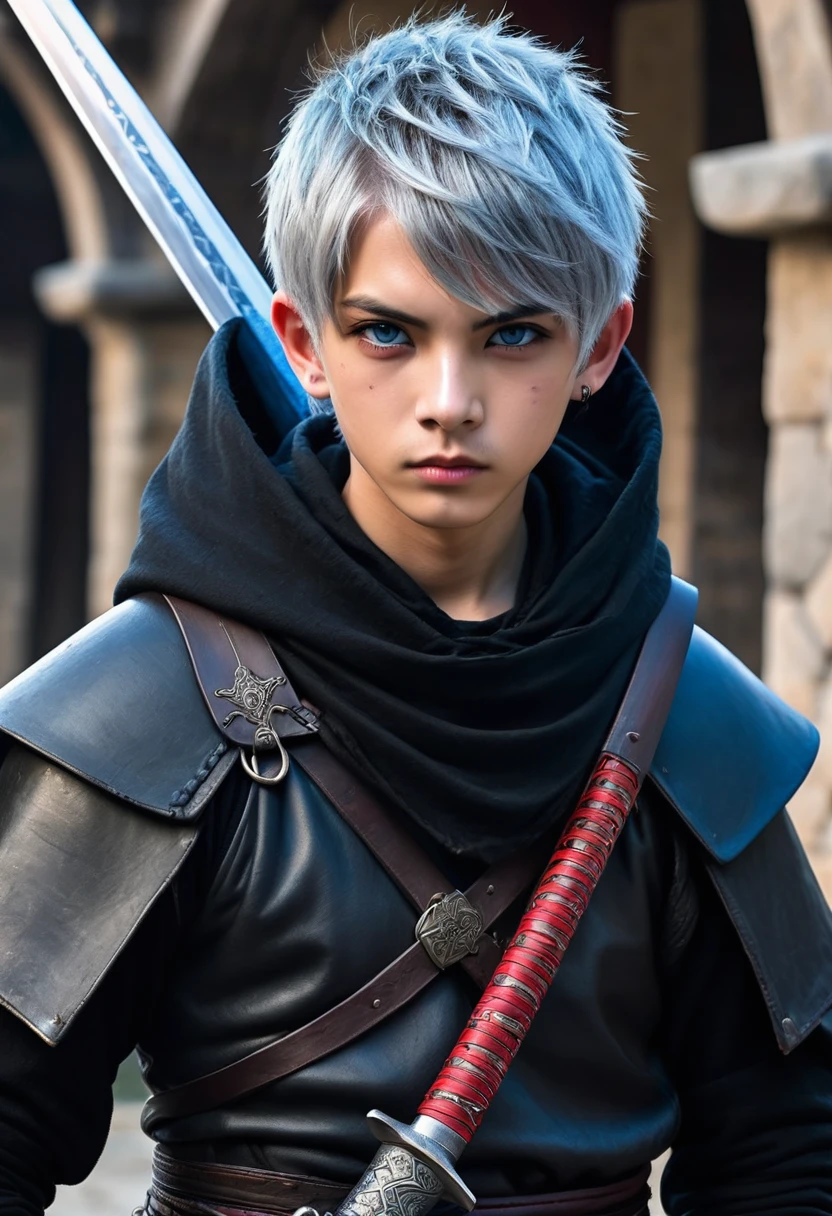Short grey hair、Red Eye、A fearless face、Black clothing with leather hood、Wearing gloves、Light blue tattoo of ancient characters on neck、Holding a medieval sword、 boy, One caucasican Swordsman、combat style