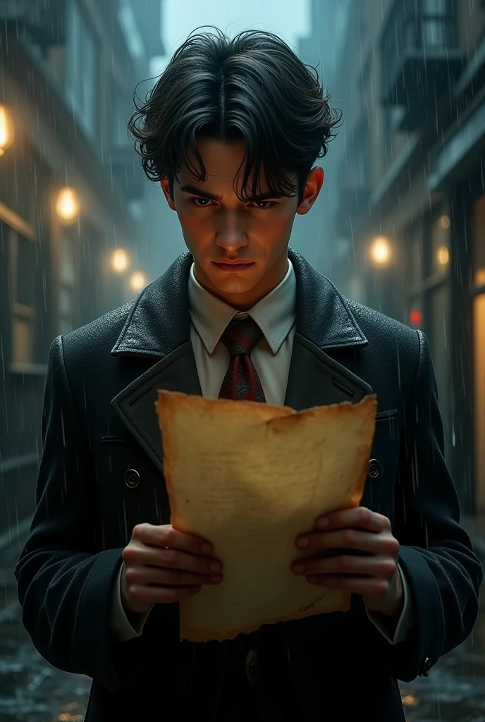 A young lawyer, thomas, in an old suit, holds an aged letter in his hands as the rain falls around him, creating a dark and intriguing atmosphere.